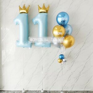 ลูกโป่ง วันเกิดเด็ก ฟอยล์ตัวเลข ขนาด 40" สีฟ้ามงกุฏ 2 ชิ้น พร้อม ช่อลูกโป่งสีโครเมี่ยม ช่อ 5 ลูก 1 ช่อ พร้อมตกแต่ง สามารถเปลี่ยนสีลูกโป่ง/เปลี่ยนข้อความ/เปลี่ยนสี-ฟอยล์ตัวเลขได้