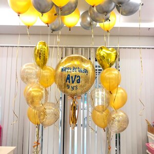 ลูกโป่ง วันเกิดเด็ก Bubble ขนาด 24" สีทอง พร้อมตกแต่ง ช่อลูกโป่งฟอยล์หัวใจ ขนาด 18" 2 ช่อ,ลูกโป่งลอยฝ้า 15 ลูก สามารถเปลี่ยนสีลูกโป่ง/เปลี่ยนข้อความ/เปลี่ยนขนาดได้