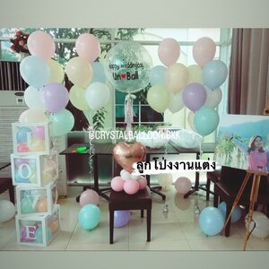 ลูกโป่ง งานแต่ง Bubble ขนาด 24" Theme พาสเทล พร้อม ช่อลูกโป่ง ช่อ 7 ลูก 2 ช่อ,ช่อลูกโป่ง ช่อ 5 ลูก 2 ช่อ,ฟอยล์หัวใจ ขนาด 18" ตั้งฐาน 1 ชิ้น พร้อม กล่องใส ติดตัวอักษร 4 กล่อง,ลูกโป่งโปรยพื้น 10 ลูก พร้อมตกเเต่ง สามารถเปลี่ยนสีลูกโป่ง/เปลี่ยนข้อคว