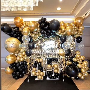 Organic Backdrop วันเกิด ขนาด 2.4x2.4 เมตร Theme ดำ-ทอง พร้อม ป้ายตัวอักษรไฟ Happy Birthday,แท่นตัวเลข 2 แท่น พร้อมตกแต่ง ช่อลูกโป่ง 3 ลูก 1 ช่อ,ช่อลูกโป่ง 7 ลูก 2 ช่อ,ลูกโป่งใส ใส่ Confetti สามารถเปลี่ยนสีลูกโป่ง/เปลี่ยนตัวเลขได้