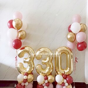 ลูกโป่งเปิดงาน ฟอยล์ตัวเลข ขนาด 40" สีเงิน 3 ชิ้น พร้อม ช่อลูกโป่ง ช่อ 9 ลูก 2 ช่อ Theme แดง - ชมพู พร้อมตกแต่ง สามารถเปลี่ยนสีลูกโป่ง/เปลี่ยนสี-ฟอยล์ตัวอักษรได้