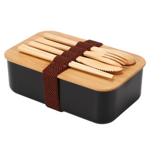กล่องอาหาร ฝาไม้ไผ่ พร้อมสายรัด ช้อนส้อมตะเกียบมีด 1000 ml