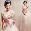 พร้อมเช่า ชุดแฟนซี ชุดราตรียาว ไหล่เดียว สีครีม Champagne แต่งดอกอกจับจีบ แต่งเลื่อม