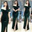 พร้อมเช่า ชุดเดรสยาว ราตรียาว เดรสไปล่ปาด ผ้ากำมะหยี่ แหวกหน้าขา สีไวน์แดง