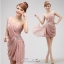 พร้อมเช่า ชุดราตรีสั้น เกาะอก ไหล่เดียว สีชมพู Nude จับเดรปทิ้งชายช่วงสะโพก