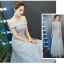 พร้อมเช่า ชุดราตรียาว สำหรับสาวไซส์ใหญ่ แบบปาดไหล่ สีเทา ลูกไม้หรูใส่ออกงานกลางคืน งานพรอม กระโปรงตาข่าย 2XL- 6XL (เชือกผูกหลัง)