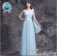 พร้อมเช่า ชุดราตรียาว สีฟ้า ชุดเพื่อนเจ้าสาว Blue-003D ไหล่เดียวผ้าชีฟอง อกจับจีบ เพิ่มดอกตรงไหล่ ทิ้งชายด้านหลัง