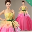 พร้อมเช่า ชุดแฟนซี ชุดราตรียาว แบบเกาะอก กรโปรงผ้าแก้ว สีเหลือง+ชมพู อกแต่งลูกปัดหรู โบว์คาดเอวสีเขียว