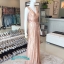 พร้อมเช่า ชุดราตรียาว แขนกุด สี Rose Gold แต่งเลื่อมทั้งตัว จับจีบช่วงเอว สวยหรู (ซิปหลัง)