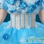 พร้อมเช่า ชุดแฟนซี ชุดราตรียาว สีฟ้า-ขาว แบบไหล่ปาด กระโปรงผ้าแก้วพองสวย แต่งดอก&ลูกปัด เชือกผูกหลัง
