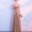พร้อมเช่า ชุดราตรียาว แขนกุด สี Rose Gold แต่งเลื่อมทั้งตัว จับจีบช่วงเอว สวยหรู (ซิปหลัง)