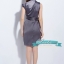พร้อมส่ง ชุดเดรส/ชุดออกงาน บ่าเฉียงปิดแขนนิดๆ PATTERN หรู สีเทาเข้ม (ซิปข้างลำตัว) **เหลือเฉพาะไซส์ XL**