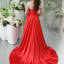 พร้อมส่ง ชุดราตรียาว สีแดง ผ้าซาตินมันเงา สวยหรู ประดับคริสตัลช่วงบนอกจับจีบ ชายกระโปรงยาว