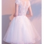พร้อมเช่า ชุดราตรีสั้น แขนสั้น สีขาว สวยหวาน กระโปรงตาข่าย ตัวชุดลูกไม้&แต่งโบว์ช่วงเอว (ซิปหลัง)