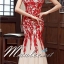 พร้อมเช่า ชุดราตรียาว สีแดง แบบแขนกุด ลายลูกไม้ ทรงหางปลาแต่งผ้าตาข่าย (เชือกผูกหลัง)