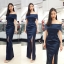 พร้อมเช่า ชุดเดรสยาว ราตรียาว ไปล่ปาด ผ้าดัชเชส แพทเทินเก๋ กระโปรงผ่าหน้า สีกรมท่า (สีอื่นตามรูป)