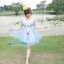 พร้อมเช่า ชุดแฟนซีสั้น สีฟ้า แขนยาว แต่งดอก Fairy สไตล์เจ้าหญิง กระโปรงพองสวยชายย้วย เชือกผูกหลัง