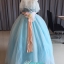 พร้อมเช่า ชุดแฟนซี ชุดราตรียาว สีฟ้ามิ้นต์ สไตล์เจ้าหญิง สีสดใส แต่งลูกไม้ขาว ช่วงอกปักเลื่อม