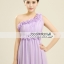 พร้อมเช่า ชุดราตรียาว ไหล่เดียว สีม่วง Lavender จับเดรปหน้าอก แต่งดอกไม้ตลอดช่วงอกและเอว