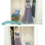 พร้อมเช่า ชุดราตรียาว แบบไหล่ปาด สีเทา-ชมพู Two Tone สไตล์เจ้าหญิง สวยหวานน่ารักมาก เนื้อผ้าตาข่าย แต่งโบว์และลูกไม้ช่วงเอว (เชือกผูกหลัง)