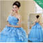 พร้อมเช่า ชุดแฟนซี ชุดราตรียาว สีฟ้า เกาะอก แต่งระบาย กระโปรงพองสวย ซิปหลัง