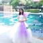 พร้อมเช่า ชุดแฟนซี ชุดราตรียาว ไหล่เฉียงแขนตุ๊กตา สีม่วง ขาว แต่งดอกไม้สามมิติ