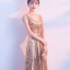 พร้อมเช่า ชุดราตรียาว แขนกุด สี Rose Gold แต่งเลื่อมทั้งตัว จับจีบช่วงเอว สวยหรู (ซิปหลัง)