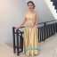 พร้อมเช่า ชุดราตรียาว สีทอง คอวี จับเดรปหน้าอก ปักเลือมช่วงอกและเอว