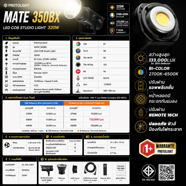 Protolight Mate 350BX LED COB Bi-Color ไฟต่อเนื่องสตูดิโอ ไลฟ์สด ช่างภาพใช้เป็นไฟถ่ายรูป VDO งานแต่ง image 8