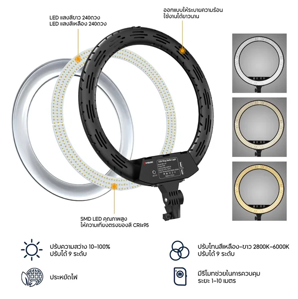 ไฟวงแหวนไลฟ์สด Ringlight 18นิ้ว กำลังไฟ 55W ปรับโทนสี 2800-6000K พร้อมขาตั้ง 2m ช่อง USB ที่จับไอแพด image 2