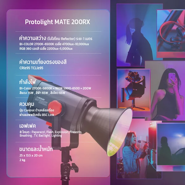 Protolight Mate 200RX ไฟสตูดิโอLED RGB 360สี ไฟต่อเนื่องRGB ปรับสีได้ ไฟถ่ายรูป VDO ไลฟ์สด image 4 Protolight Mate 200RX ไฟสตูดิโอLED RGB 360สี ไฟต่อเนื่องRGB ปรับสีได้ ไฟถ่ายรูป VDO ไลฟ์สด image 4