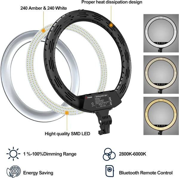ไฟวงแหวนไลฟ์สด Ringlight 18นิ้ว กำลังไฟ 55W ปรับโทนสี 2800-6000K พร้อมขาตั้ง 2m ช่อง USB ที่จับไอแพด image 4