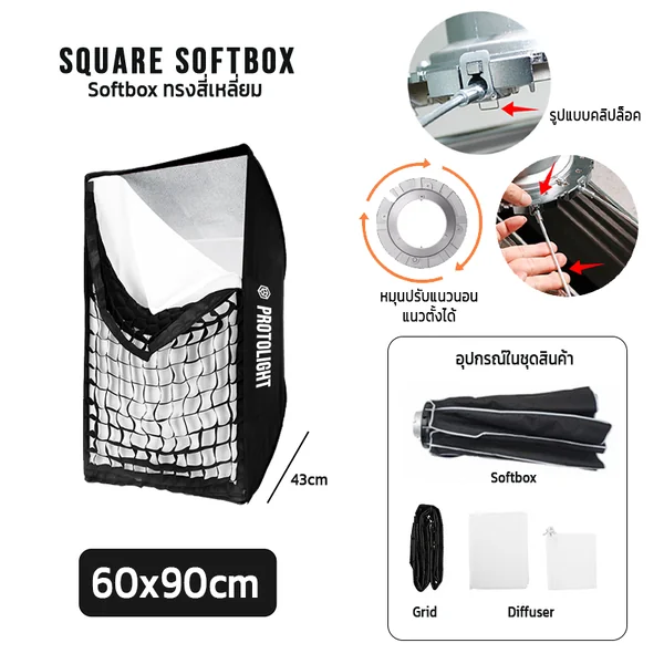 Protolight ซอฟต์บ็อกซ์สี่เหลี่ยม Square Softbox คลิปล็อค เมาท์ Bowen พร้อมกริดรังผึ้ง อุปกรณ์เสริมไฟสตูดิโอ image 5