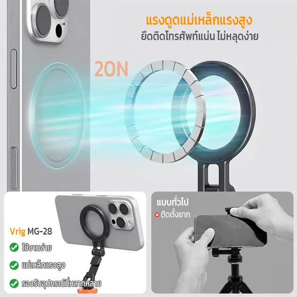 VRIG MG-28 หัวแปลง Cold Shoe แม่เหล็ก แรงดูด 20N ยึดติดแน่น ไม่หลุดง่าย ปรับมุมได้อิสระ พร้อมช่องต่อไมค์ไฟเสริม image 7