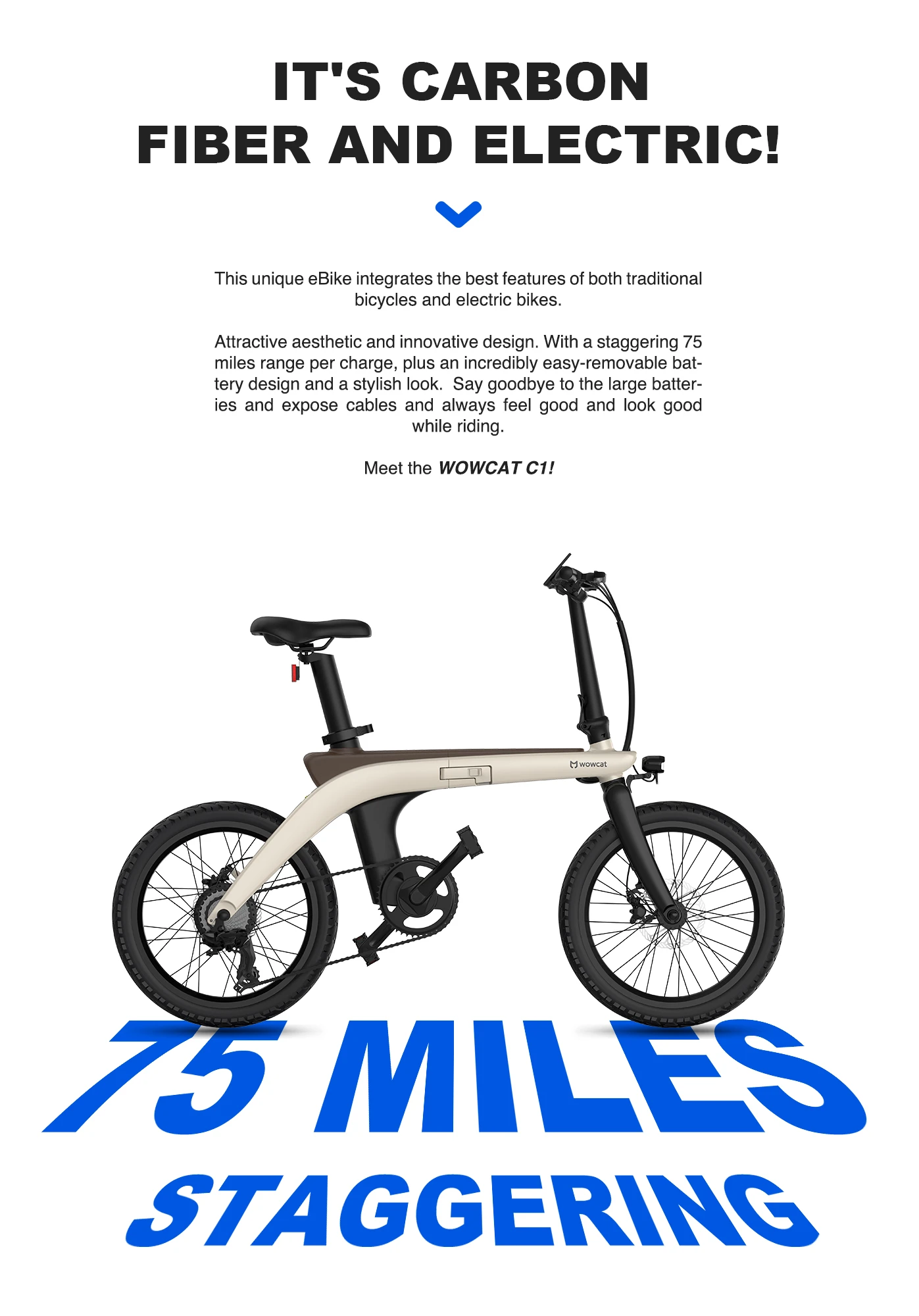 WOWCAT C1 จักรยานไฟฟ้าพับได้ โครงคาร์บอนไฟเบอร์ | 250W | วิ่งไกล 120 กม.