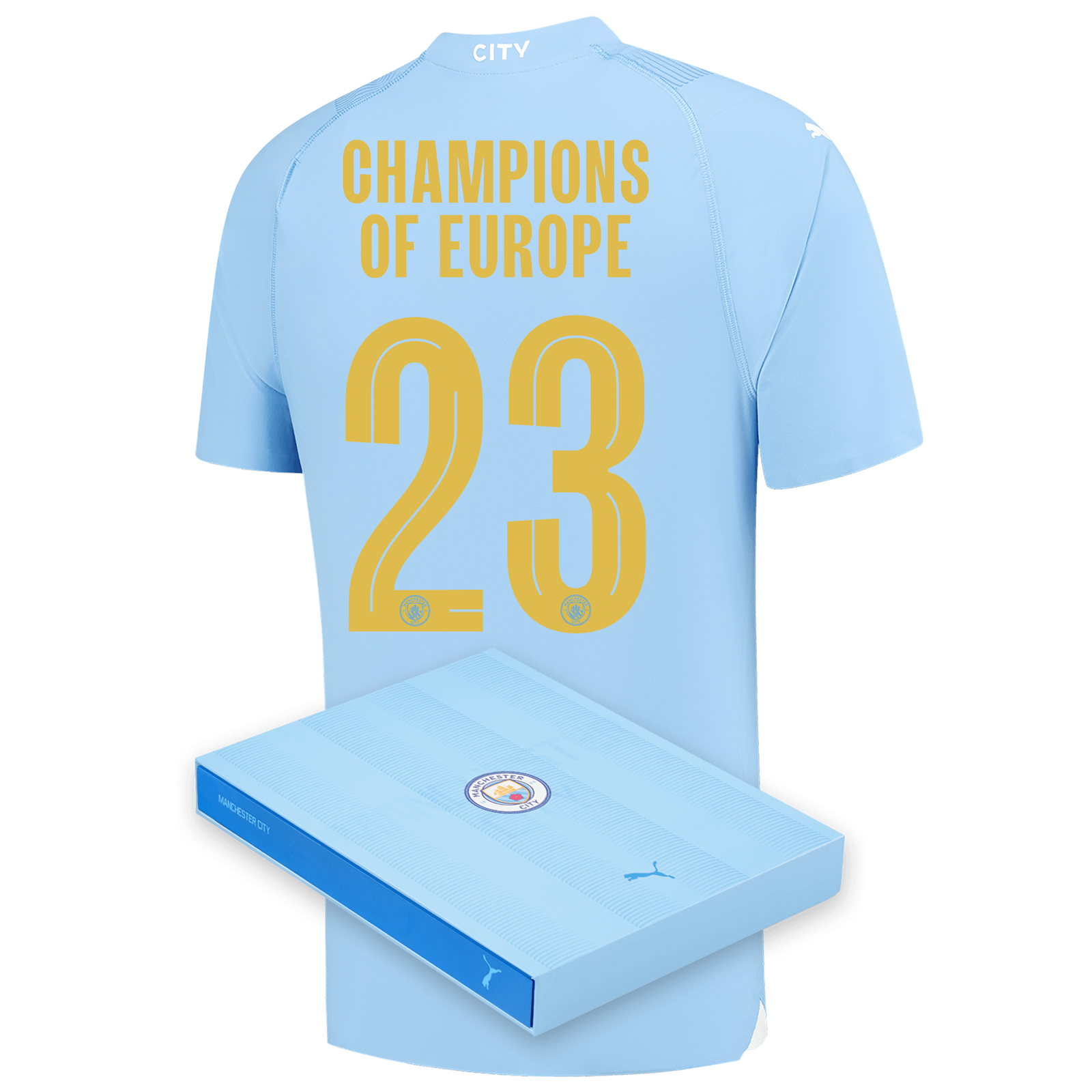 เสื้อแมนเชสเตอร์ ซิตี้ รุ่นนักเตะ CHAMPIONS OF EUROPE 2023 มีกล่องของขวัญของแท้